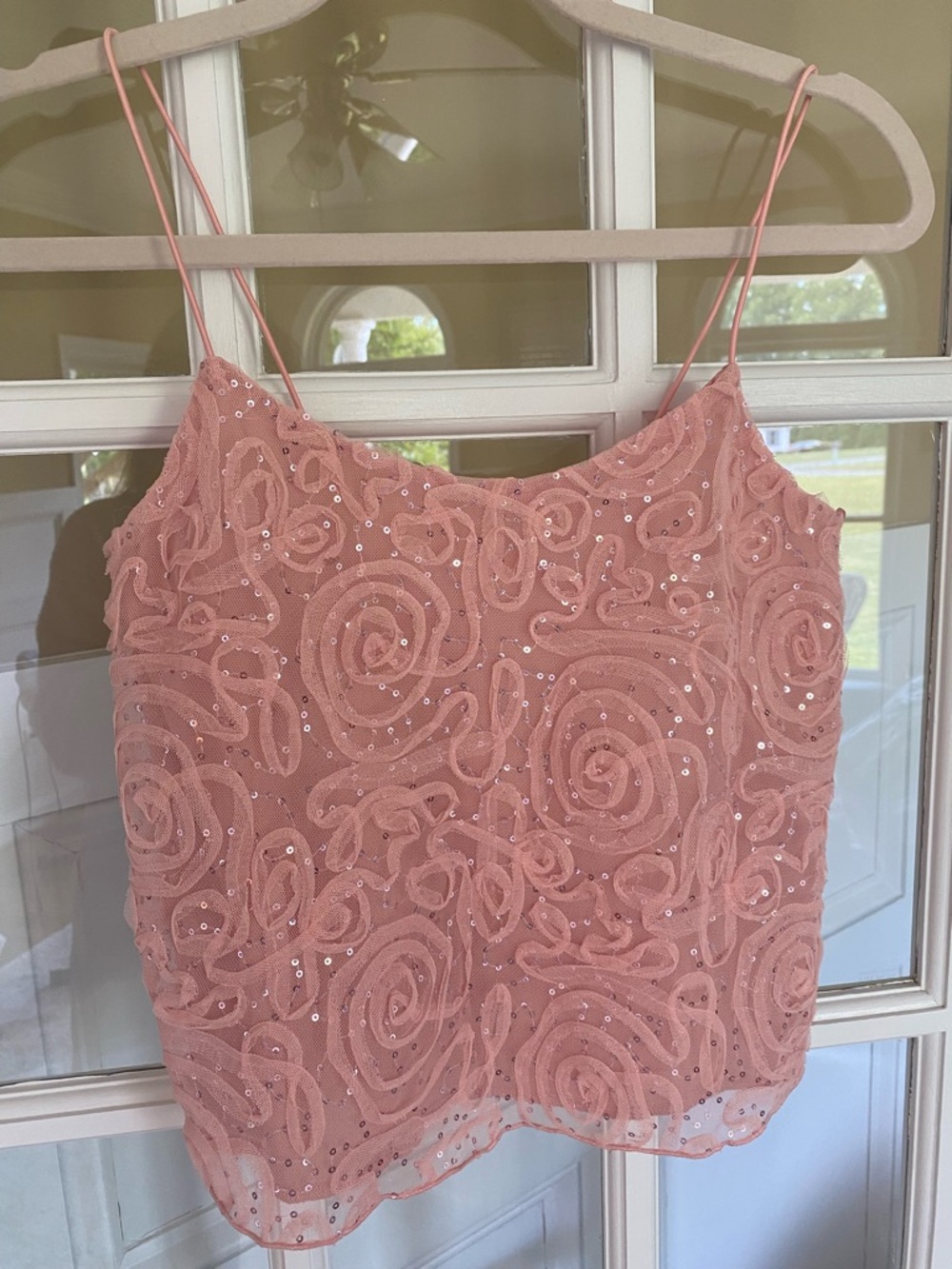 Blush Pink Sequin Rose-Embroidered Cami